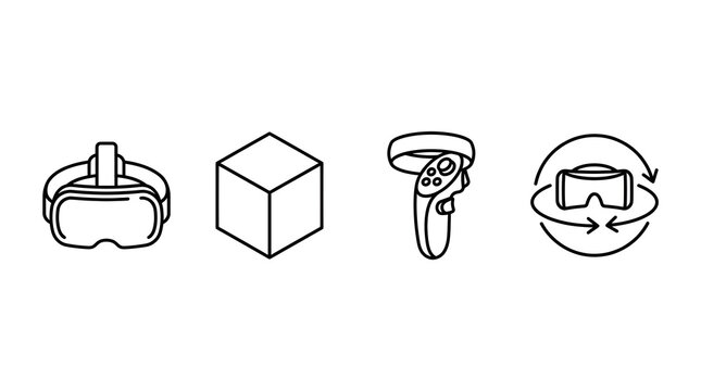 Line art icons depicting virtual reality headset, 3D cube, VR controller, and 360-degree view, representing immersive digital experiences.
