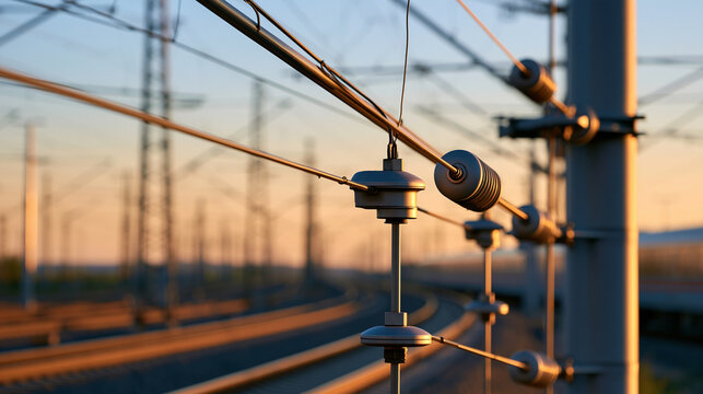 Overhead electrical wires and metal structures forming railway catenary system, defocused transportation infrastructure visualization, rail power delivery representation, with