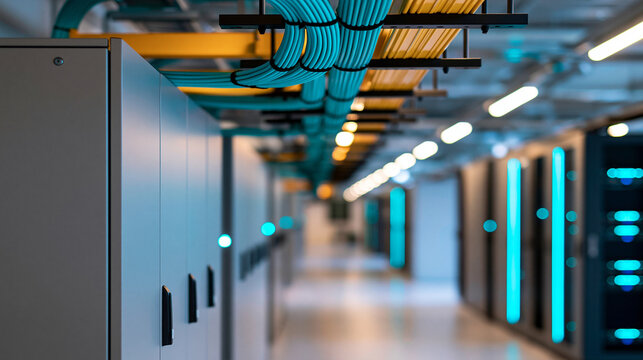 Modern server room interior with organized overhead cable management trays and rows of secure hardware storage cabinets in tech facility, defocused technological infrastructure,