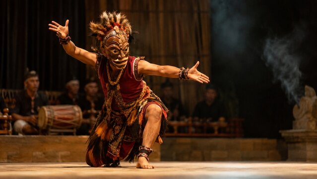 Traditional masked dancer performing a ceremonial ritual on a stage with musicians