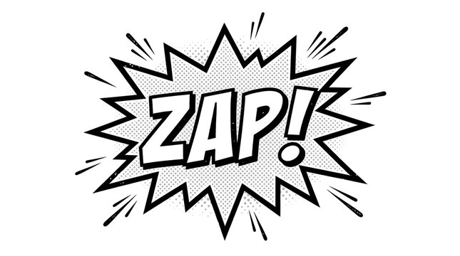 Zap comic book sound effect, retro pop art speech bubble, black and white halftone explosion graphic for manga and cartoons