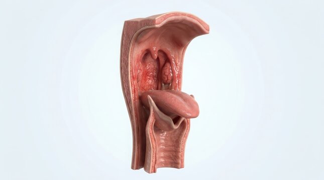 Sagittal view of human throat anatomy showing tonsils and epiglottis standard