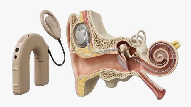 Cochlear Implant Device and Anatomical Ear Cross-Section hearing aid medical device