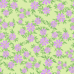 Fototapeta premium Seamless floral pattern with purple flowers, green leaves, and stems on a light green background vector illustration