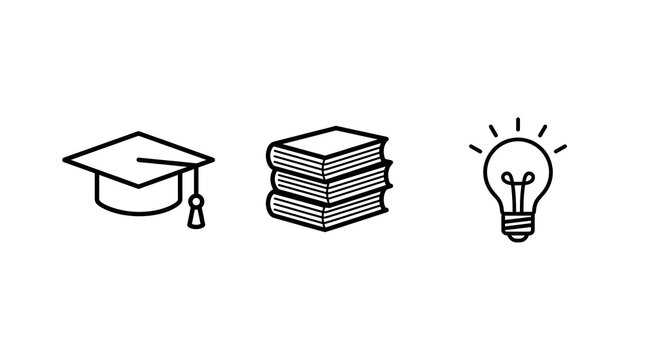 Line art icons representing education, knowledge, and ideas, featuring a graduation cap, stacked books, and a glowing light bulb.