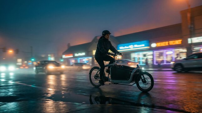 Female delivery worker riding cargo bicycle on wet city street at night. Concept of express logistics, sustainable transport and gig economy in rain