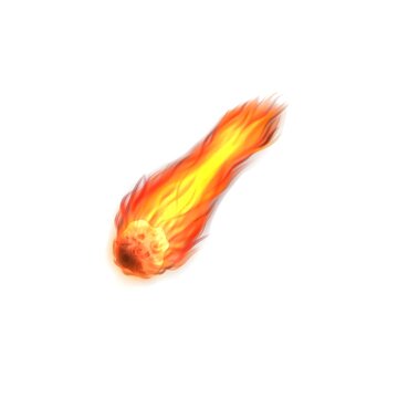 Falling meteor fireball illustration with flaming tail, burning asteroid isolated on white background, game visual effect.