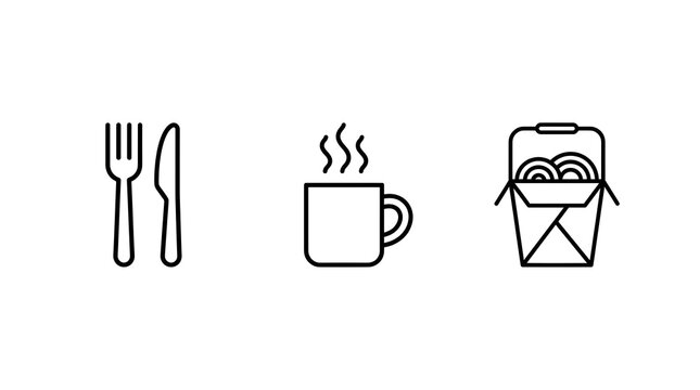 Line art icons representing food and drink items, including cutlery, a hot beverage mug, and a takeout noodle box on white background.