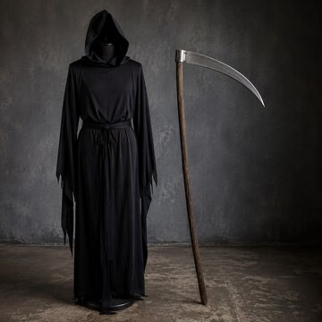 Grim Reaper costume with scythe against a dark grey background