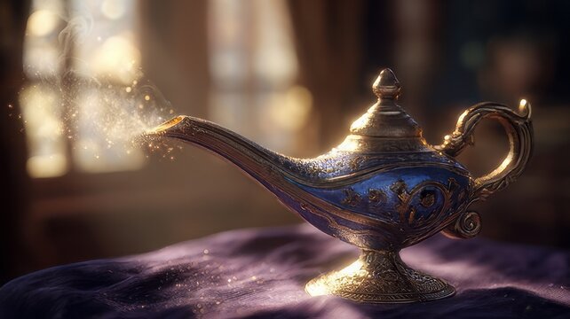 Vintage magic lamp with glowing smoke, ornate golden oil lamp on purple silk, mystical genie lamp with sparkling dust