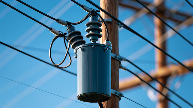 Electricity transmission utility pole featuring detailed electrical transformer connected to complex web of overhead power lines against clear azure sky, defocused utility