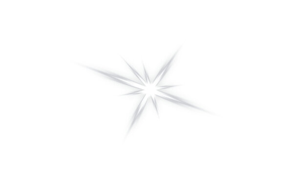 Soft silver starburst light flare isolated on white background. Delicate glowing rays create a subtle radiant sparkle effect for overlays, celebrations, beauty designs and modern graphic projects.