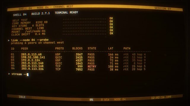 Retro amber CRT terminal running a hex dump and verification stages on a curved vintage screen