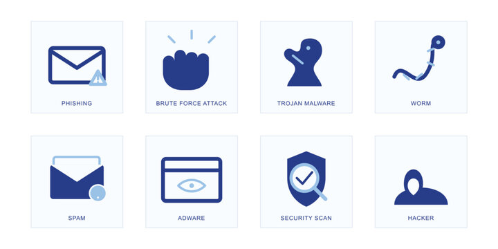 Cybersecurity Threat Icons Phishing Brute Force Trojan Worm Spam Adware and Hacker Vector Set