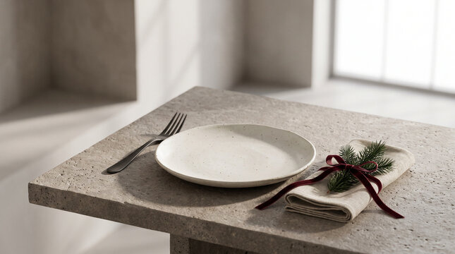 Festive table setting with ceramic plate and linen napkin, creating a warm minimalist holiday dining atmosphere