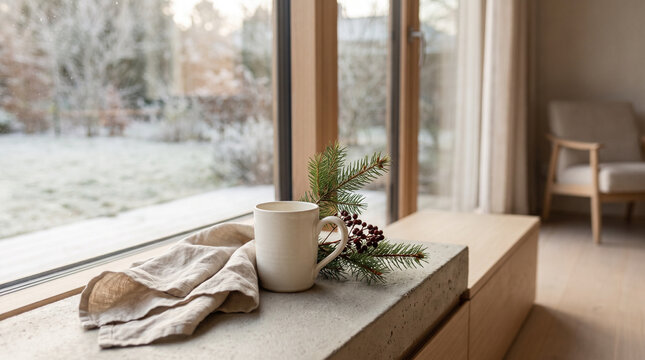 Warm winter interior with a ceramic cup, linen cloth and pine branch beside a large window overlooking a peaceful garden