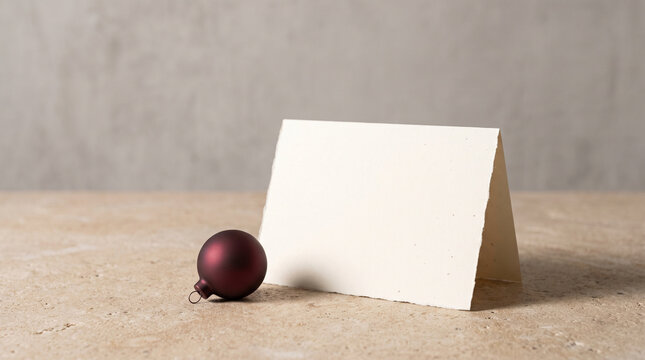Minimal holiday card with a burgundy ornament on a textured surface, offering elegant seasonal space for personalized messaging