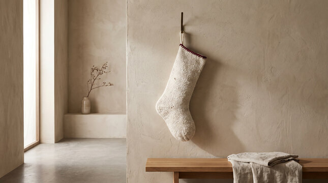 Knitted Christmas stocking hanging on a textured wall in a minimalist home interior with warm natural light