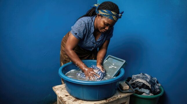 African Woman Hand Washing Clothes in Plastic Basin Using Traditional Washboard at Home