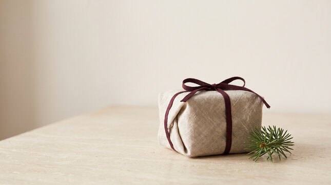 Handwrapped holiday gift with burgundy ribbon and pine branch on a neutral surface, expressing thoughtful seasonal giving
