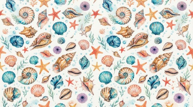 Colorful Watercolor Seashell and Starfish Seamless Pattern with Tropical Marine Elements