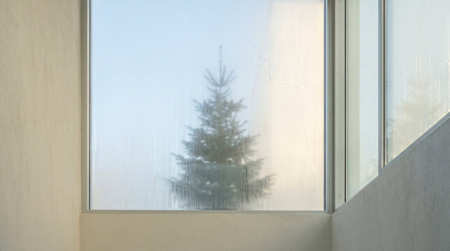 Frosted window with a softly blurred Christmas tree outside, evoking a quiet winter morning and cozy seasonal atmosphere
