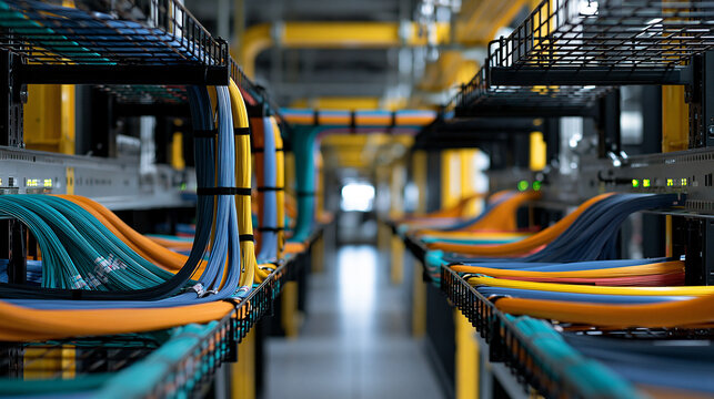 Multicolored network wires in overhead cable trays above yellow server racks in data center, featuring industrial metal textures for technology and connectivity, with copy space