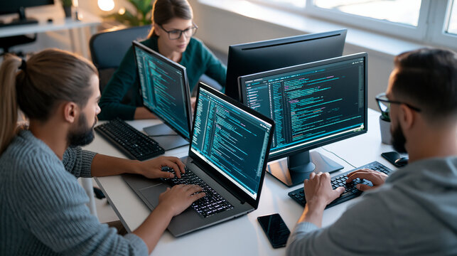 AI startup faceless team viewed from above develops softly bright software in calm modern office analyzing system performance during QA testing in soft daylight startup, with copy