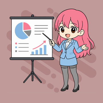 Cute cartoon pink hair businesswoman presenting charts on flipboard in blue suit