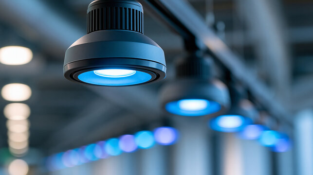 Directional LED lights on rails under ceiling in modern warehouse, shopping center building, office or other commercial real estate object, defocused comprehensive illumination