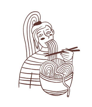 Girl character is eating noodles