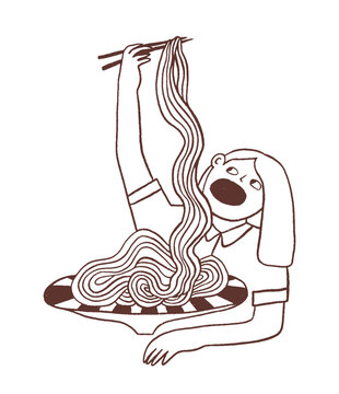 Girl character is eating spaghetti