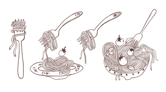 Line art pasta on plate illustrations