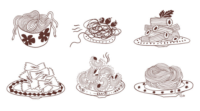 Set of different pasta types on plates