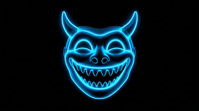 Glowing Blue Neon Devil Mask with Horns and Wide Grin on Black Background, Creepy Prop for Halloween Events