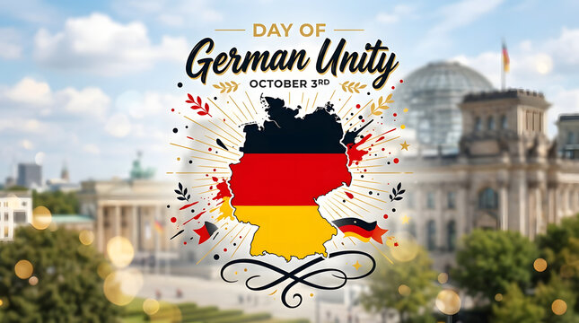 German Unity Day map graphic with Reichstag building in background blur