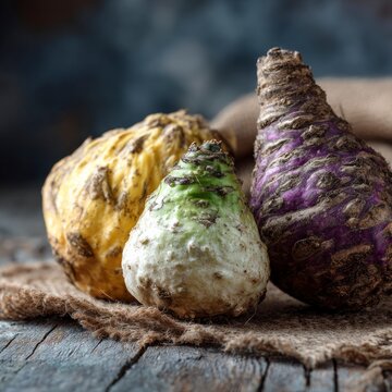 Three colorful, raw, earthy celeriac roots or turnips with rough, dirt-covered skins, resting on a rustic burlap cloth on an aged wooden surface.