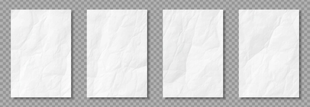 Crumpled paper effect. School notebook sheets with wrinkled texture. White and black page from sketchbook. Empty paper template or mockup. Realistic vector illustration set on transparent background