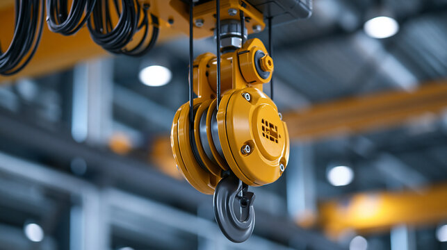 Industrial yellow overhead crane with hoist and hook in modern manufacturing facility, showcasing comprehensive heavy machinery and construction equipment, with copy space