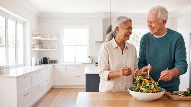 senior couple cooking healthy meal kitchen nutrition retirement lifestyle together an older couple prepare a fresh salad together in their kitchen for wellness branding and retirement websites