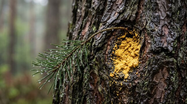 Wet pine branch frames pollen lodged in tree bark
