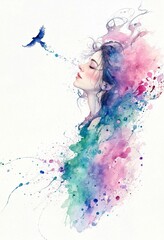 Fototapeta premium Ethereal Woman with Bird and Colorful Paint Splash