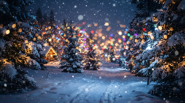 City street with festive holiday lights at night