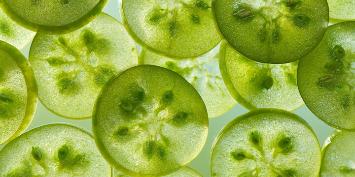 Thinly sliced green cucumber rounds, backlit for a translucent effect, showing intricate seed patterns