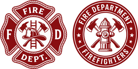 Naklejka premium Fire Department Emblem Set – Firefighter Maltese Cross Badge and Fire Hydrant Round Seal Logo, Vintage Red Vector Illustration