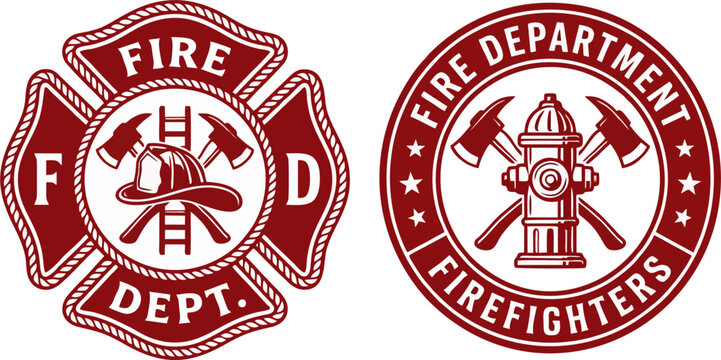 Fire Department Emblem Set &ndash; Firefighter Maltese Cross Badge and Fire Hydrant Round Seal Logo, Vintage Red Vector Illustration