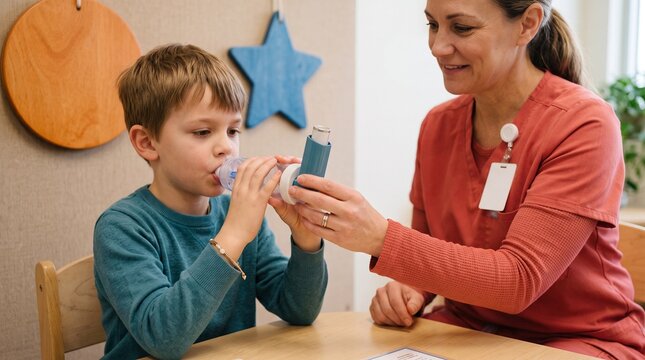Child learns proper asthma spacer inhaler technique