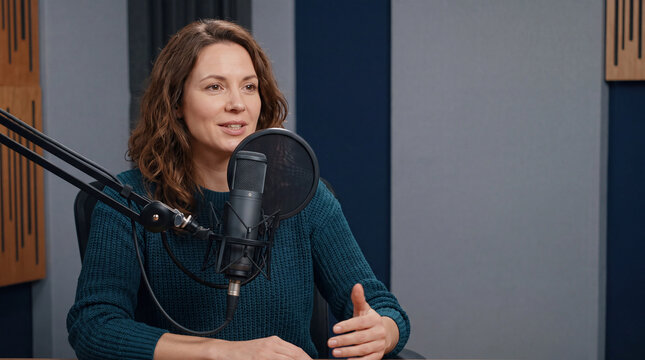 Woman speaking into studio microphone in recording booth