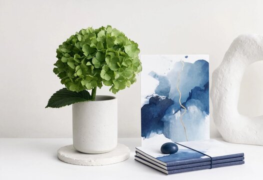 Minimalist Desk Setup with Green Plant and Blue Artwork