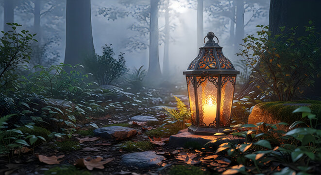 Vintage lantern illuminating a misty forest path atmospheric woodland scene
